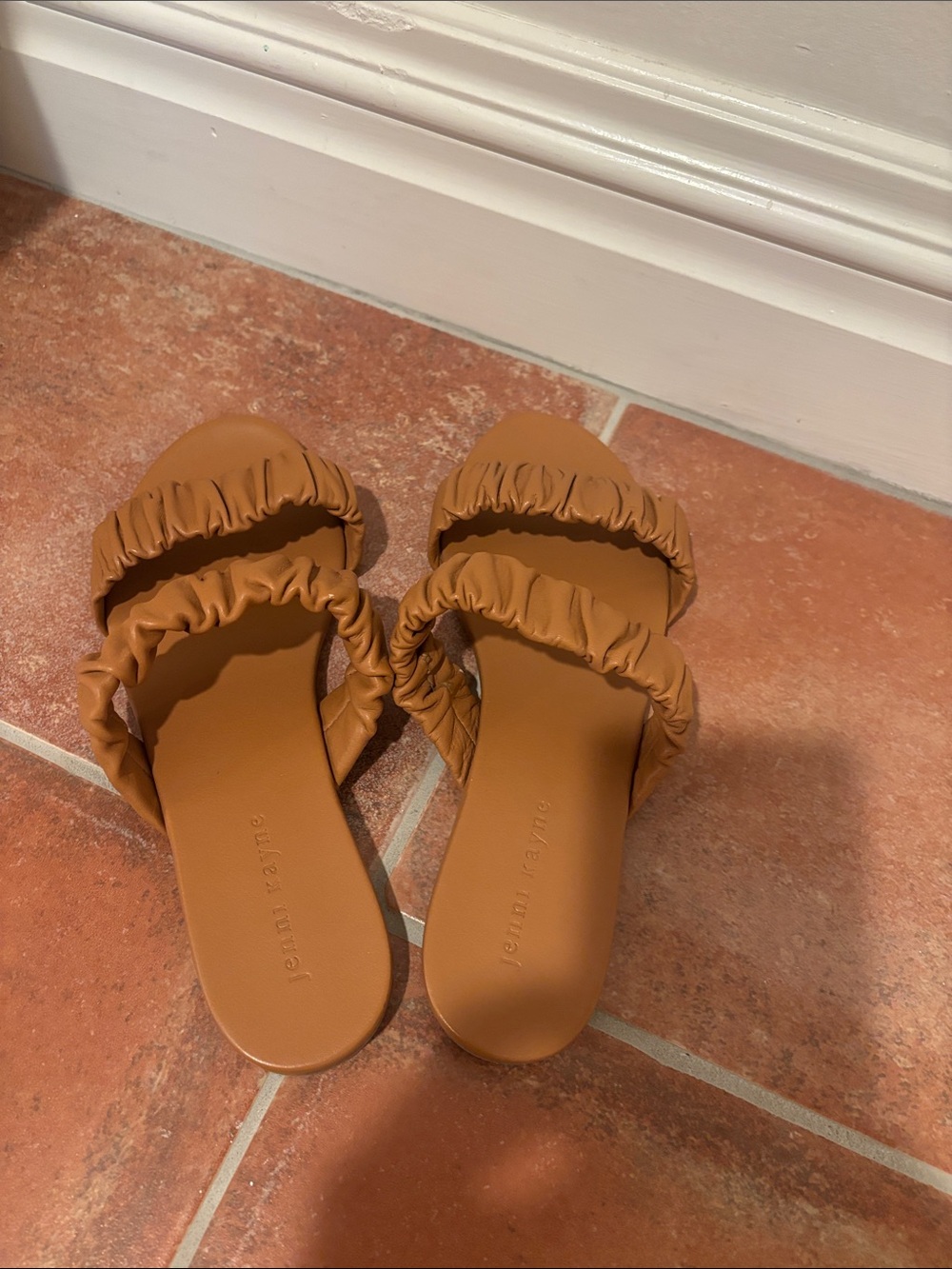 Jenni Kayne Tan Ruched Double-Strap Slide Sandals